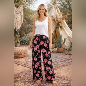 Black Floral Wide Leg Pants Pink Rose Print Boho Flowing Palazzo Pants Size L